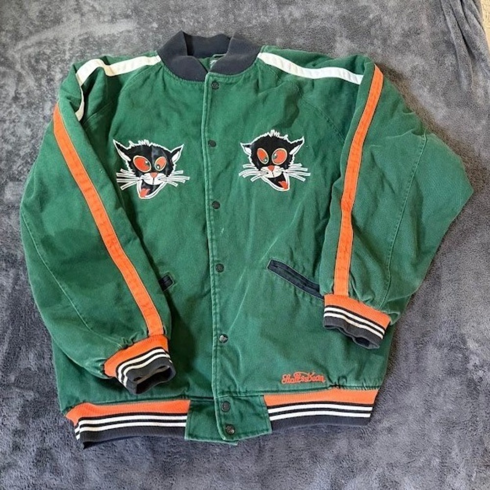 Stall & Dean Mens 4XL Green Varsity Jacket Embroidered Cat Cotton Bomber Snap